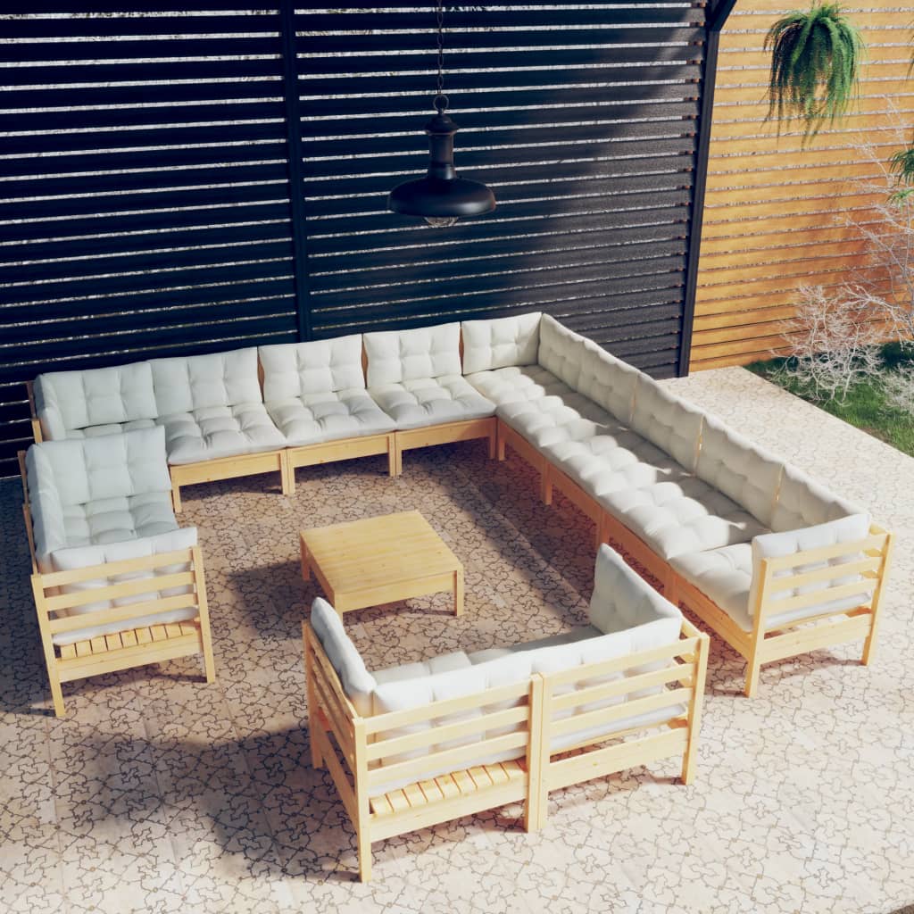 14 Pcs conjunto lounge jardim c/ almofadões creme pinho maciço
