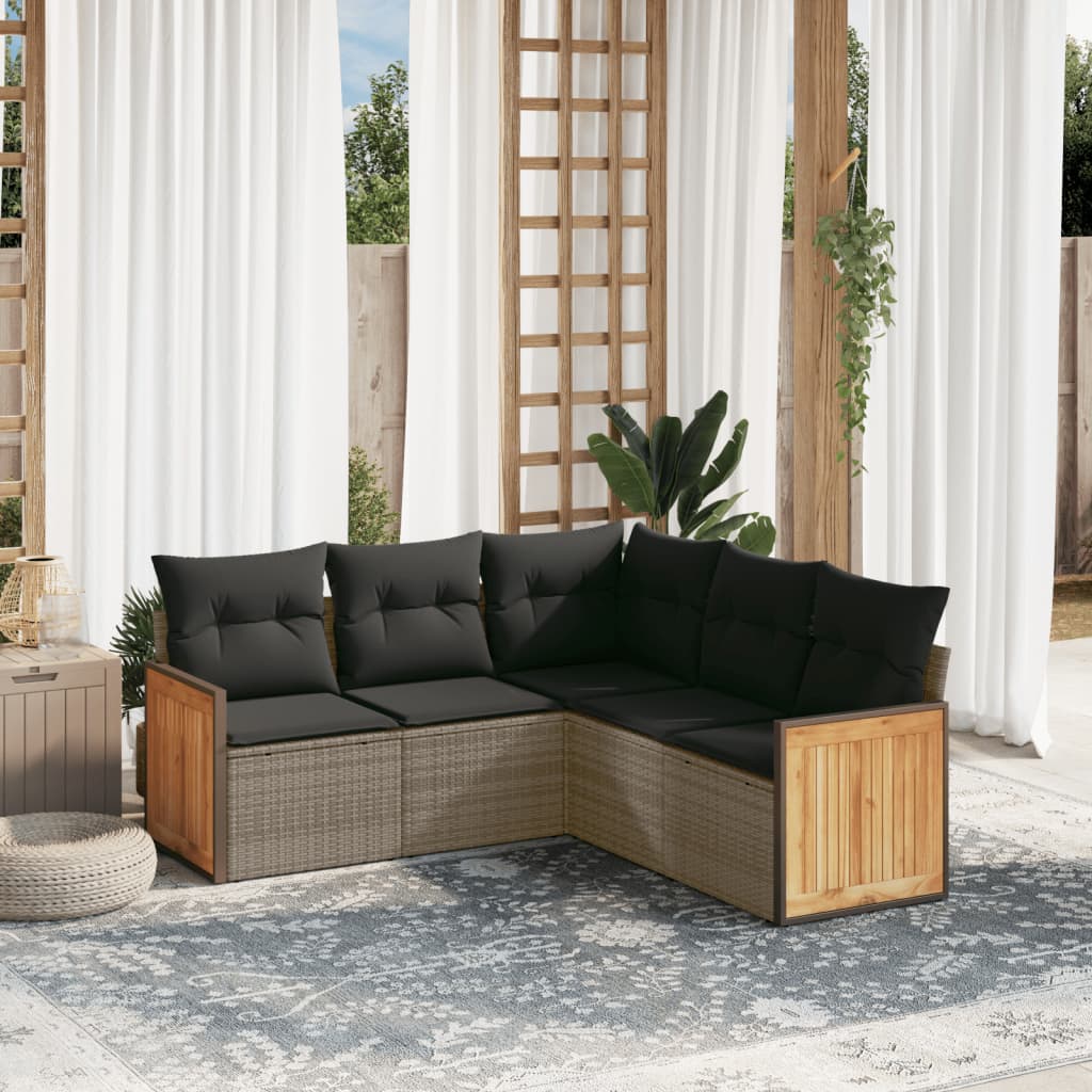 5 Pcs conjunto sofás de jardim c/ almofadões vime PE cinzento