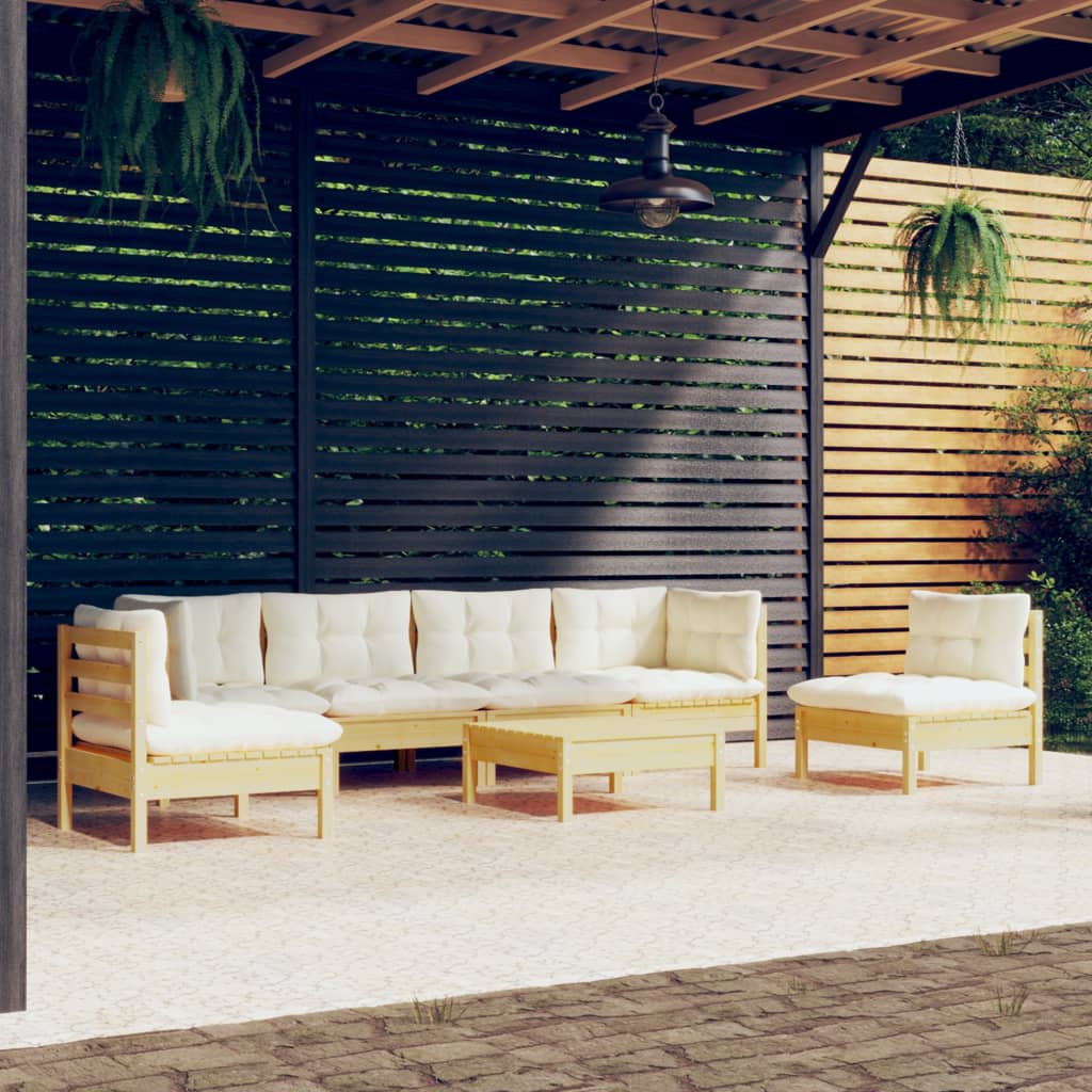 7 Pcs conjunto lounge jardim c/ almofadões creme pinho maciço