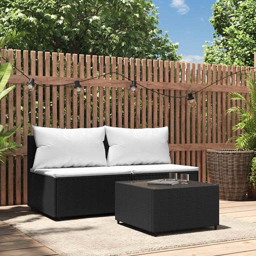 3 Pcs conjunto lounge de jardim c/ almofadões vime PE preto