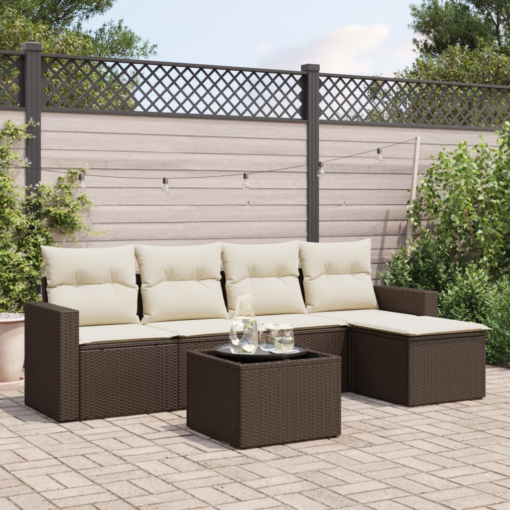 6 Pcs conjunto de sofás jardim c/ almofadões vime PE castanho