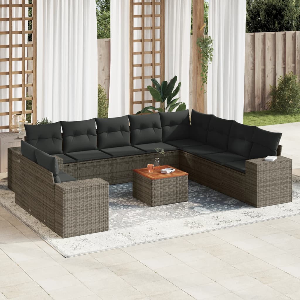 11 Pcs conjunto sofás de jardim c/ almofadões vime PE cinzento