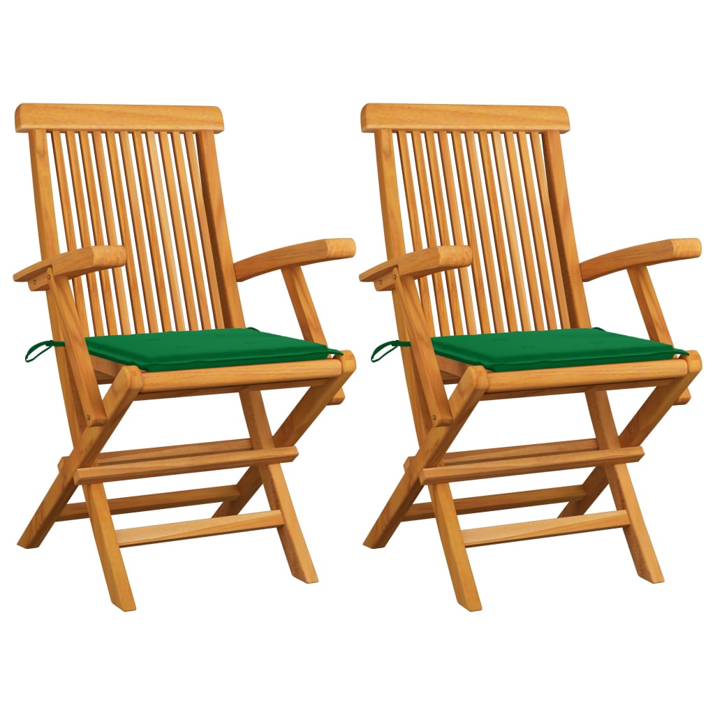 Cadeiras de jardim c/ almofadões verdes 2 pcs teca maciça