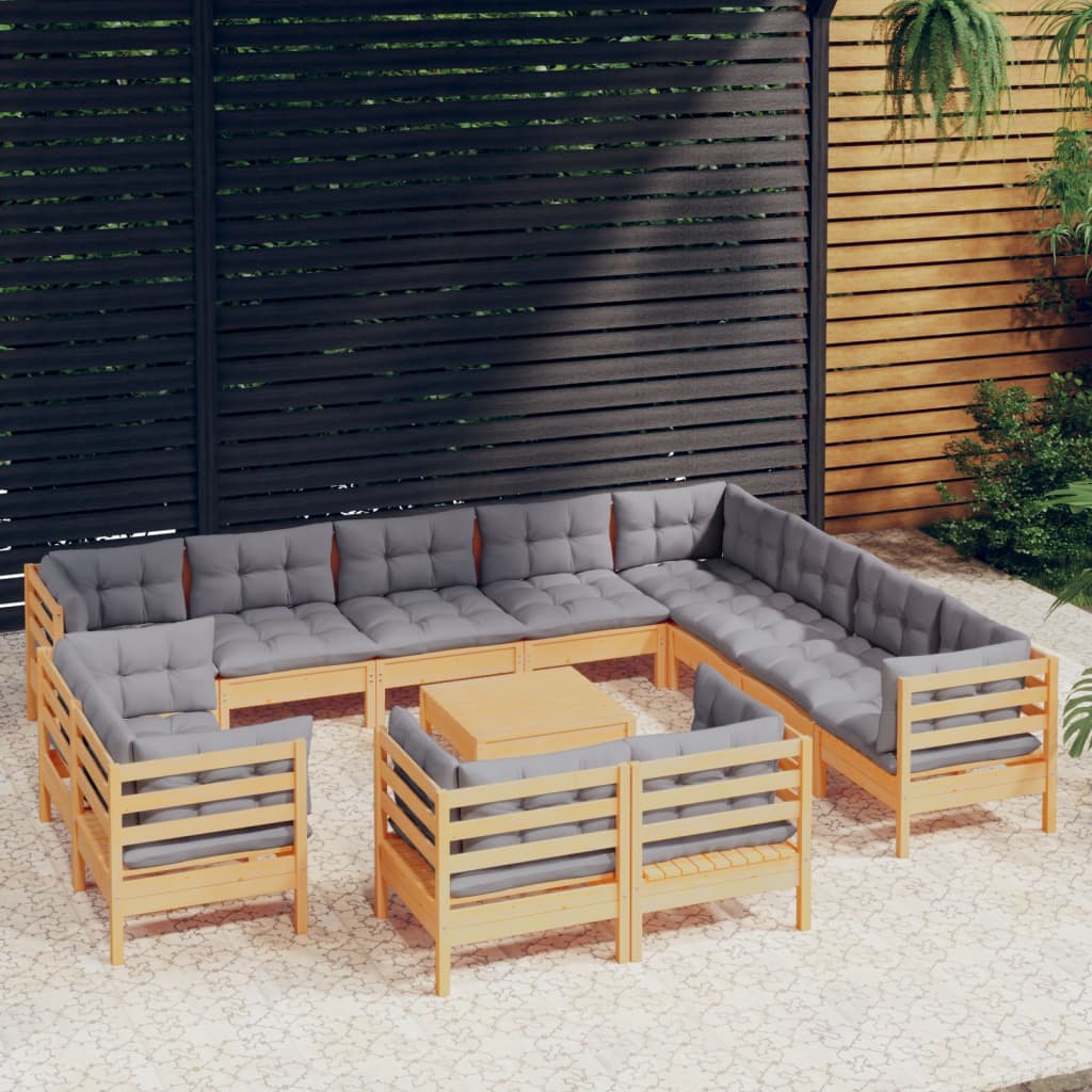13Pcs conjunto lounge de jardim + almofadões cinza pinho maciço