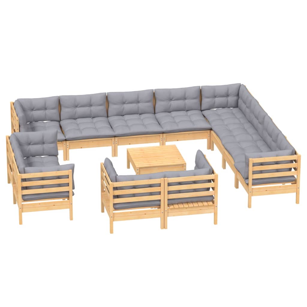 13Pcs conjunto lounge de jardim + almofadões cinza pinho maciço