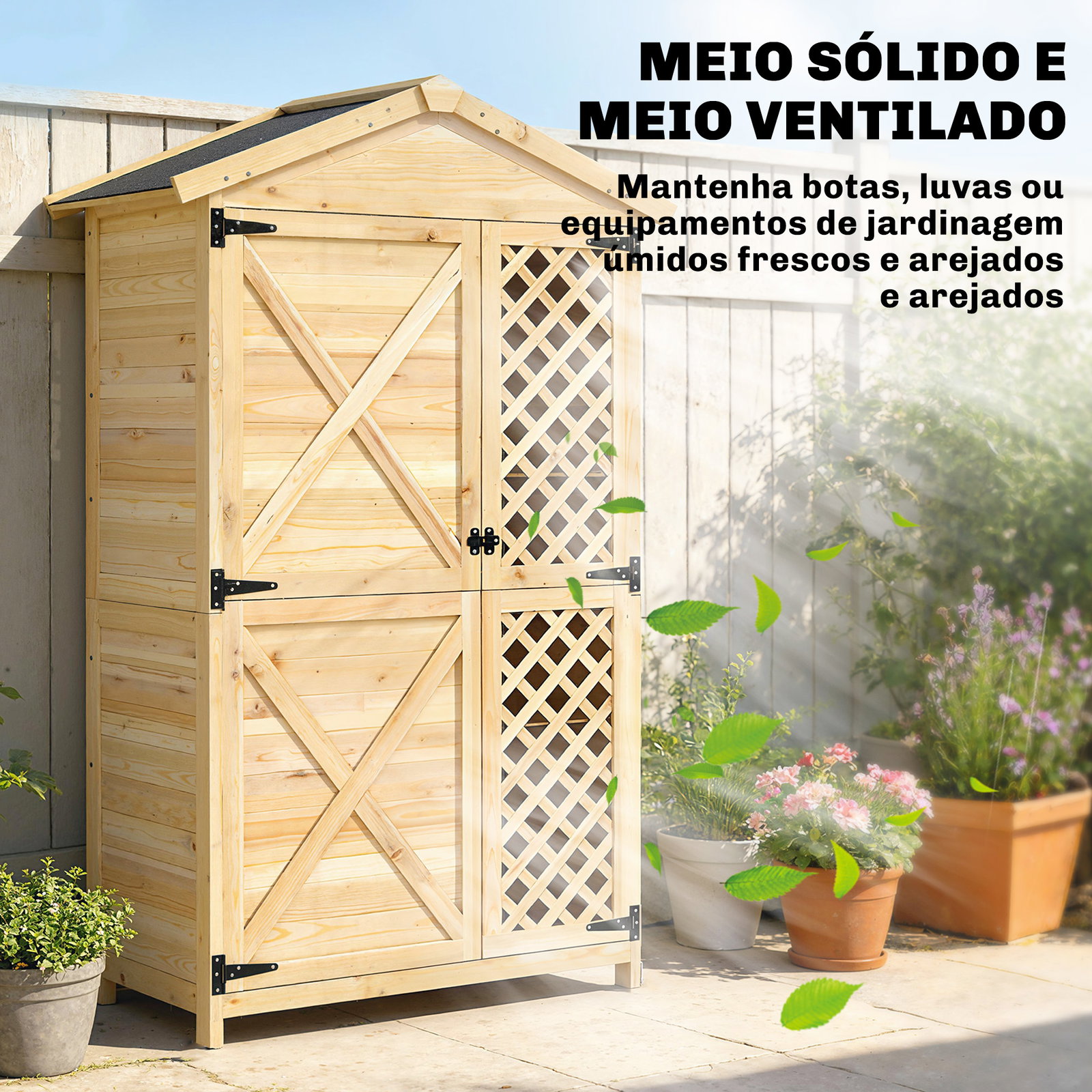 Armário exterior de madeira com telhado inclinado em asfalto 2 portas com fecho e 2 prateleiras 101,5x49x176 cm madeira