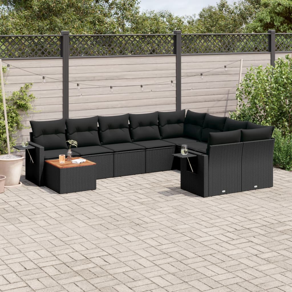 10 Pcs conjunto sofás de jardim c/ almofadões vime PE preto