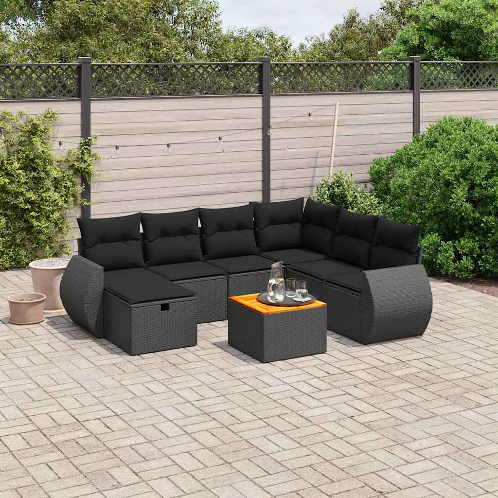 8 Pcs conjunto sofás de jardim com almofadões vime PE preto