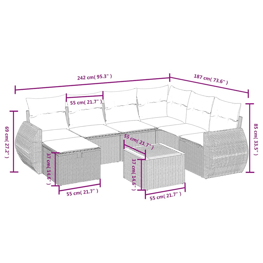 8 Pcs conjunto sofás de jardim com almofadões vime PE preto