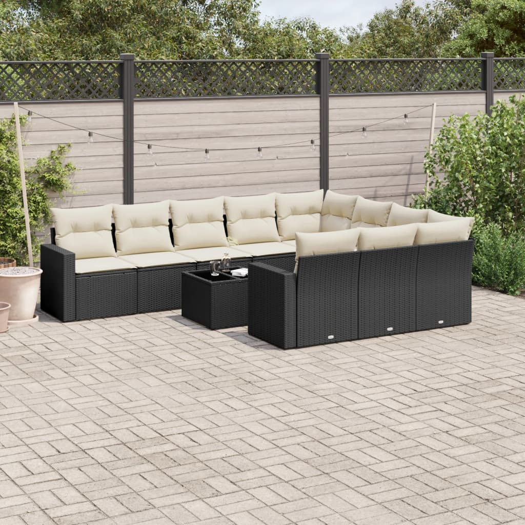 11 Pcs conjunto sofás de jardim c/ almofadões vime PE preto