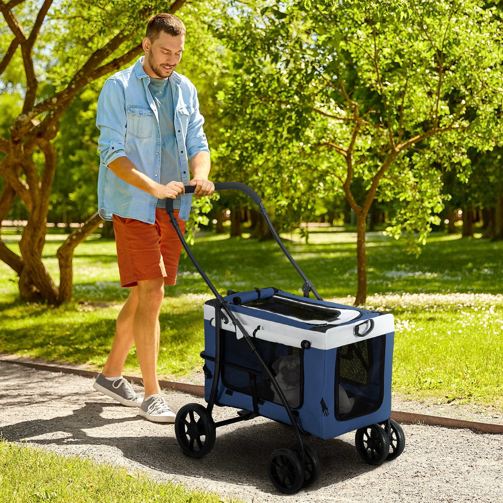 Carrinho para animais de estimação carrinho para cães dobrável com compartimento desmontável 4 portas 81x58x97,5 cm azul