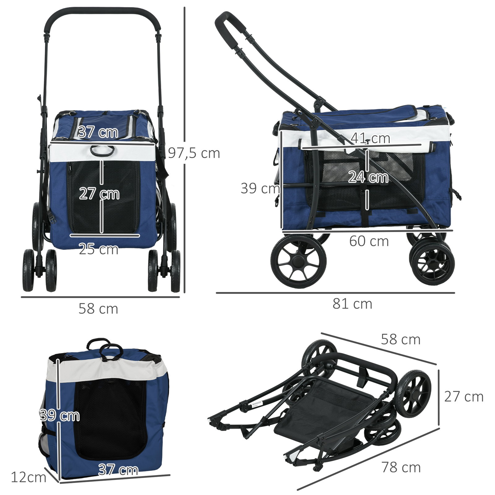 Carrinho para animais de estimação carrinho para cães dobrável com compartimento desmontável 4 portas 81x58x97,5 cm azul