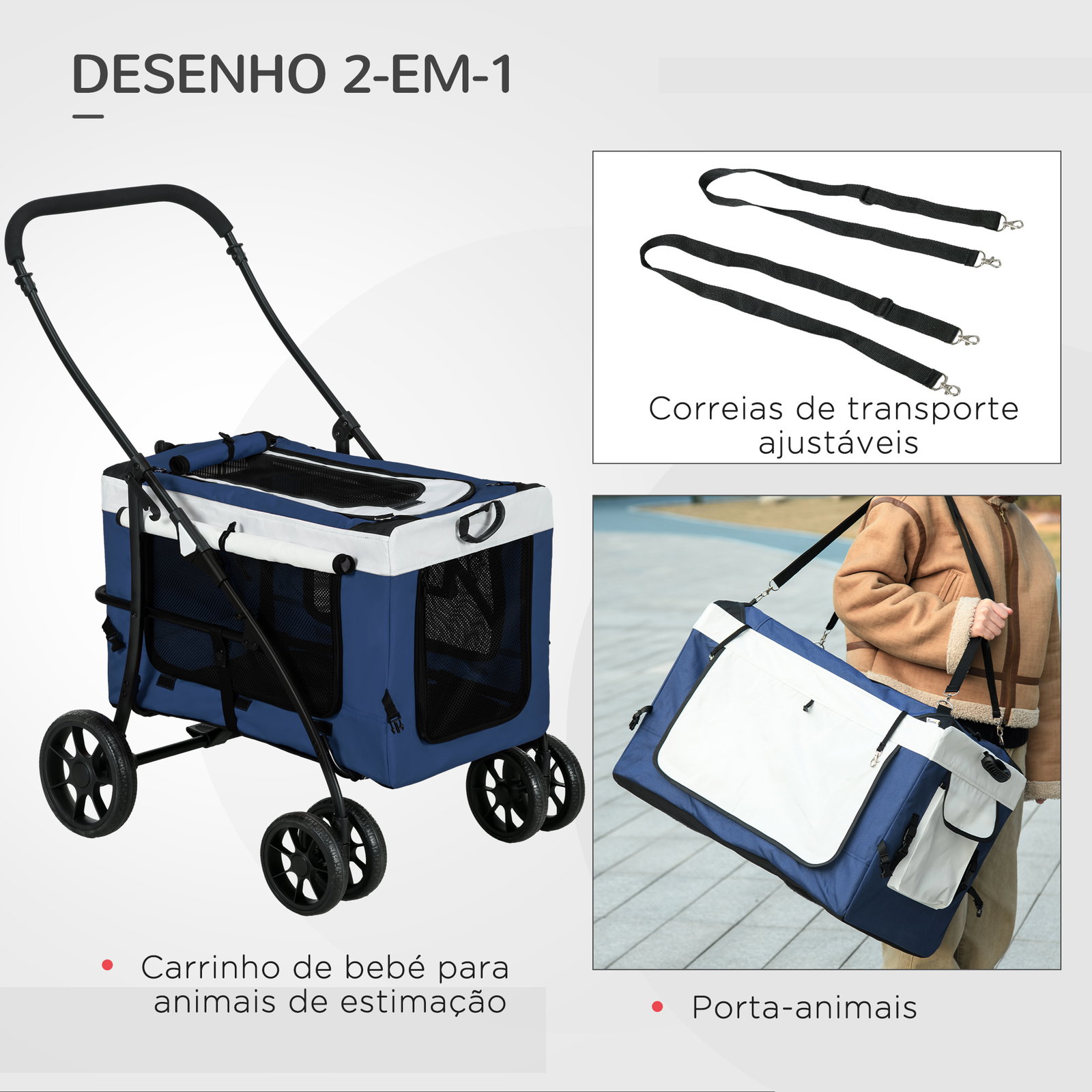 Carrinho para animais de estimação carrinho para cães dobrável com compartimento desmontável 4 portas 81x58x97,5 cm azul