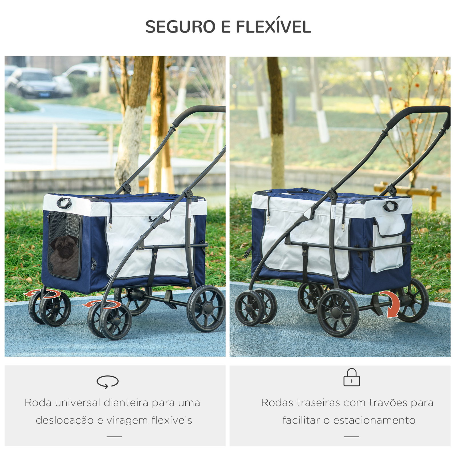 Carrinho para animais de estimação carrinho para cães dobrável com compartimento desmontável 4 portas 81x58x97,5 cm azul