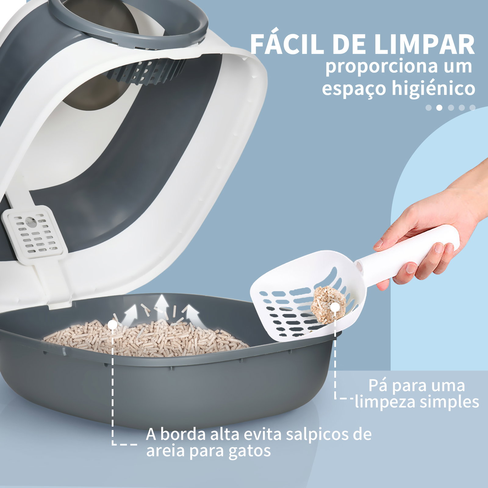 Caixa de areia para gatos dobrável caixa de areia para gatos fechada com pá 52x41x38 cm branco e cinza