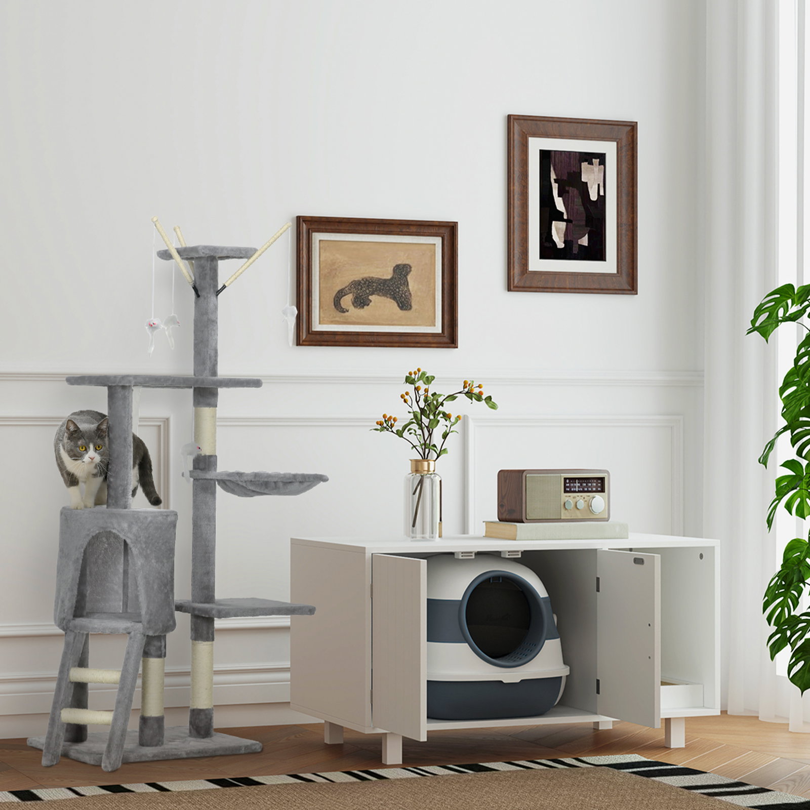 Caixa de areia para gatos dobrável caixa de areia para gatos fechada com pá 52x41x38 cm branco e cinza