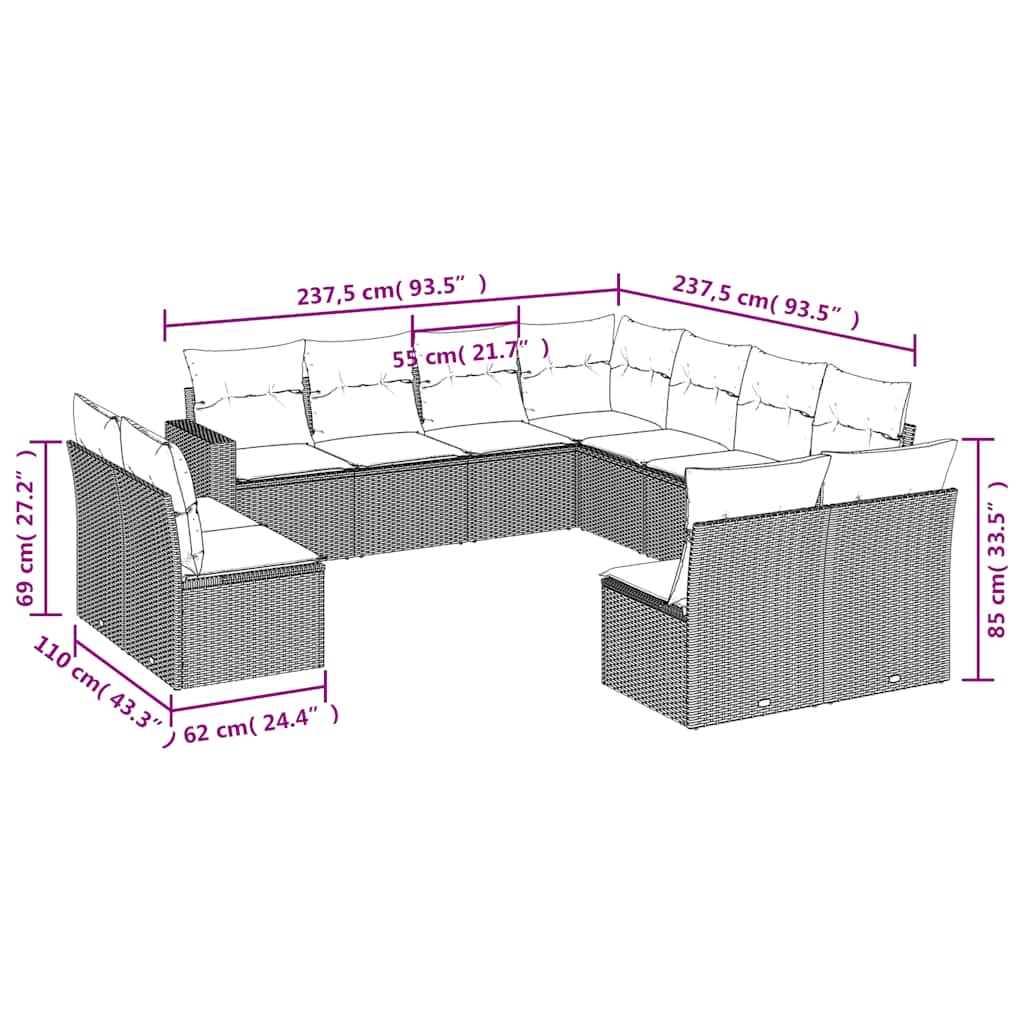 11 Pcs conjunto sofás de jardim c/ almofadões vime PE preto