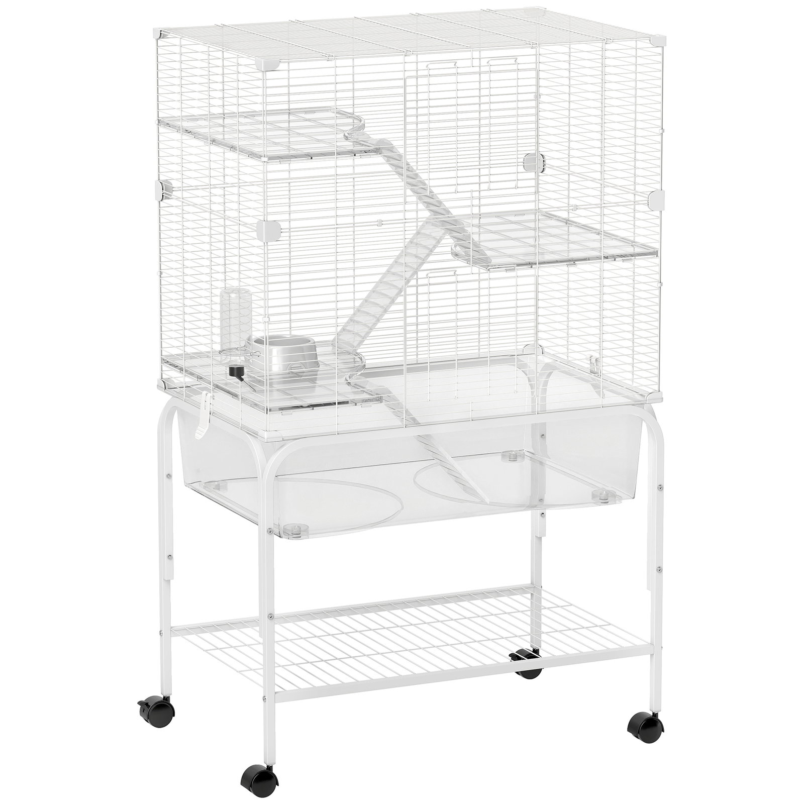 Gaiola para pequenos animais de 4 níveis com bandeja inferior rodas rampas comedouro e bebedouro 73x47x123 cm branco