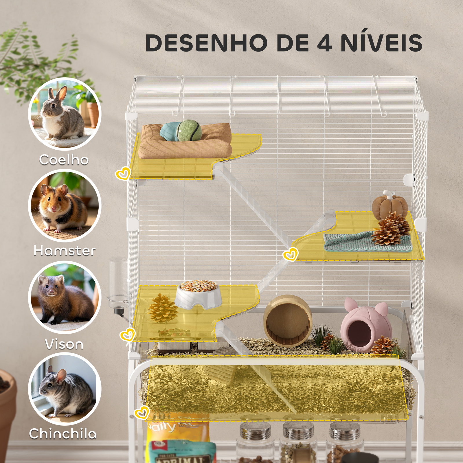 Gaiola para pequenos animais de 4 níveis com bandeja inferior rodas rampas comedouro e bebedouro 73x47x123 cm branco