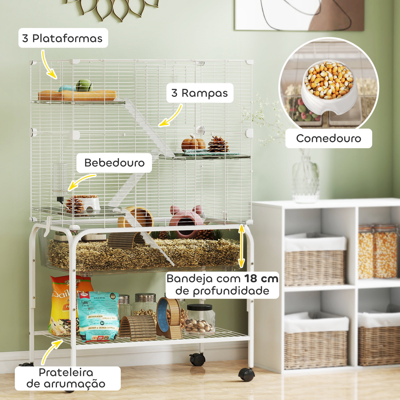 Gaiola para pequenos animais de 4 níveis com bandeja inferior rodas rampas comedouro e bebedouro 73x47x123 cm branco