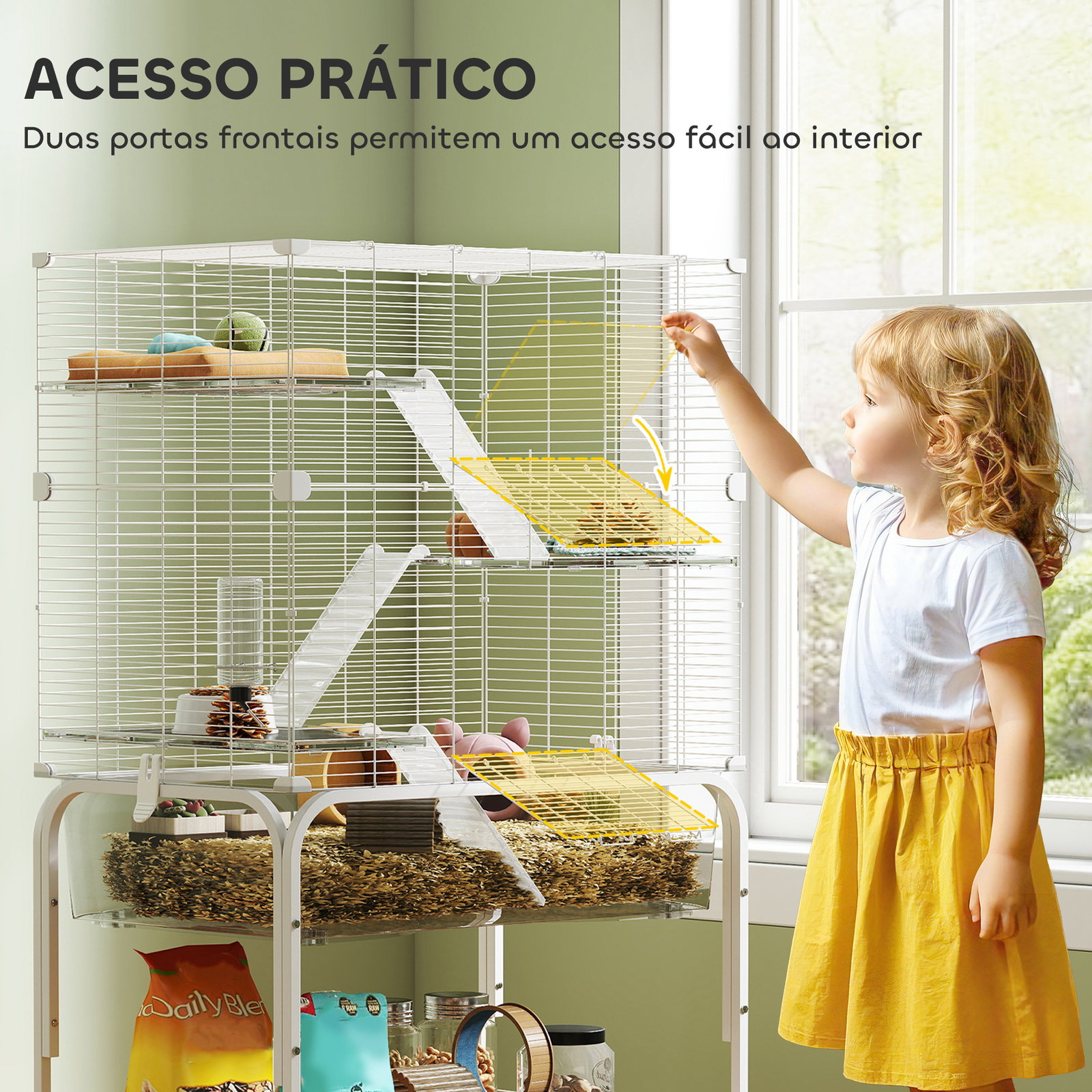 Gaiola para pequenos animais de 4 níveis com bandeja inferior rodas rampas comedouro e bebedouro 73x47x123 cm branco