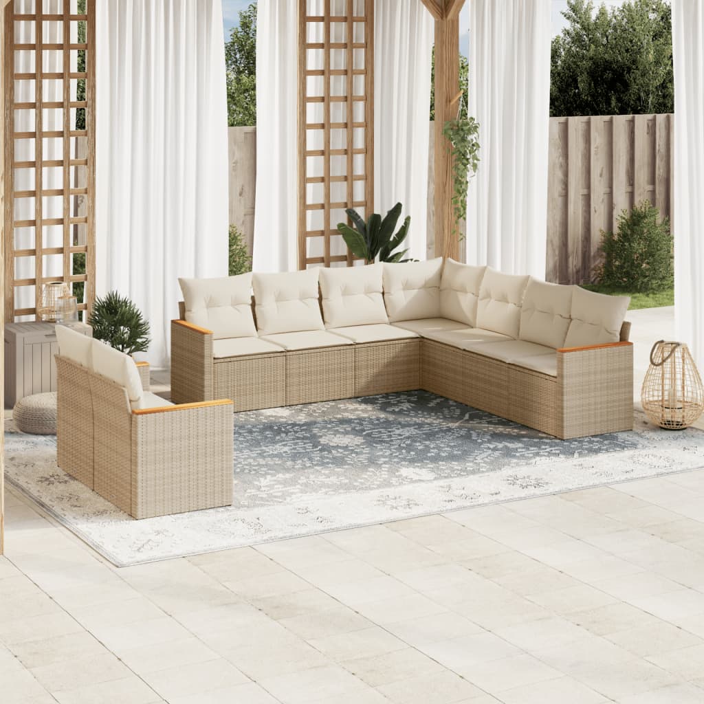 9 Pcs conjunto de sofás p/ jardim com almofadões vime PE bege