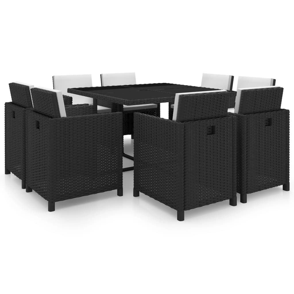 9 Pcs conjunto jantar exterior com almofadões vime PE preto