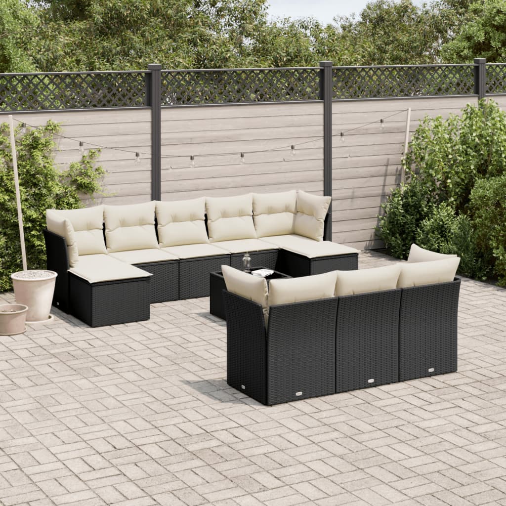 11 Pcs conjunto sofás de jardim c/ almofadões vime PE preto
