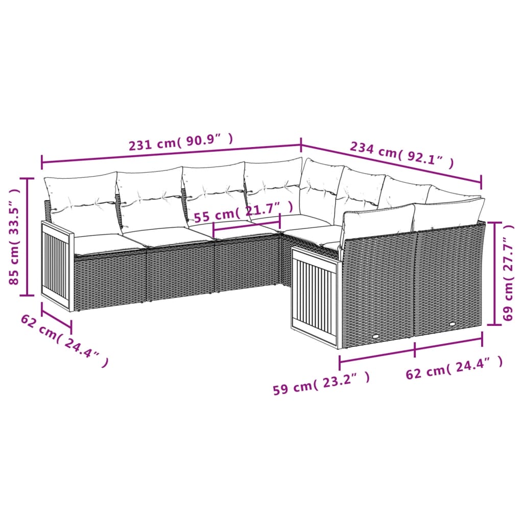 8 Pcs conjunto sofás de jardim c/ almofadões vime PE cinzento
