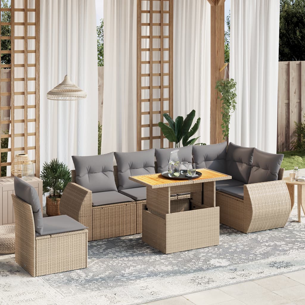 7 Pcs conjunto de sofás p/ jardim com almofadões vime PE bege