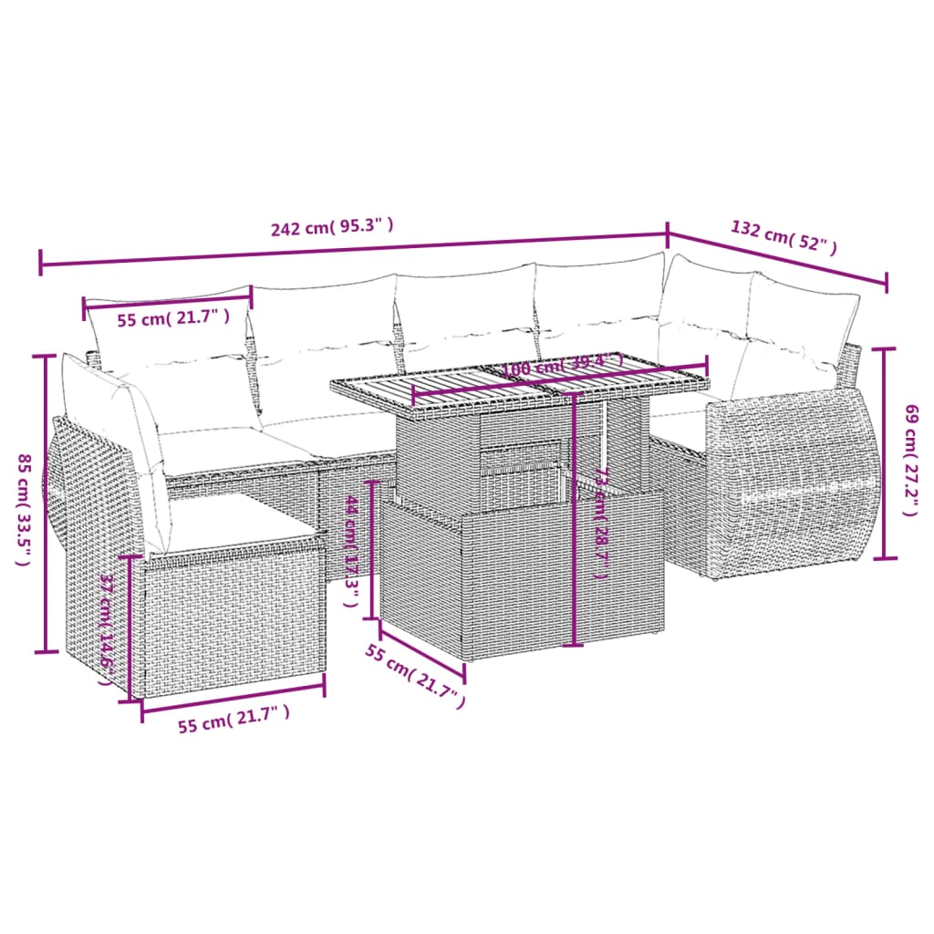 7 Pcs conjunto de sofás p/ jardim com almofadões vime PE bege