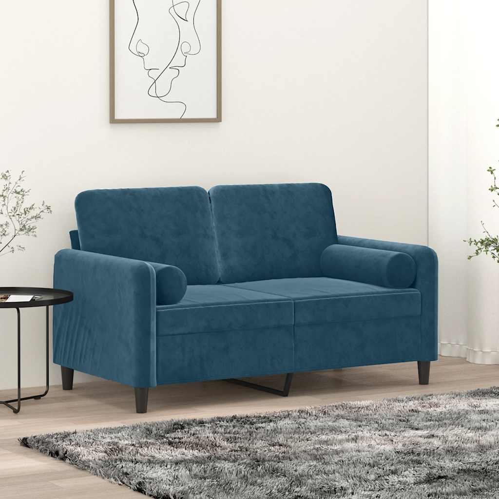 Sofá 2 lugares c/ almofadas decorativas 120 cm veludo azul