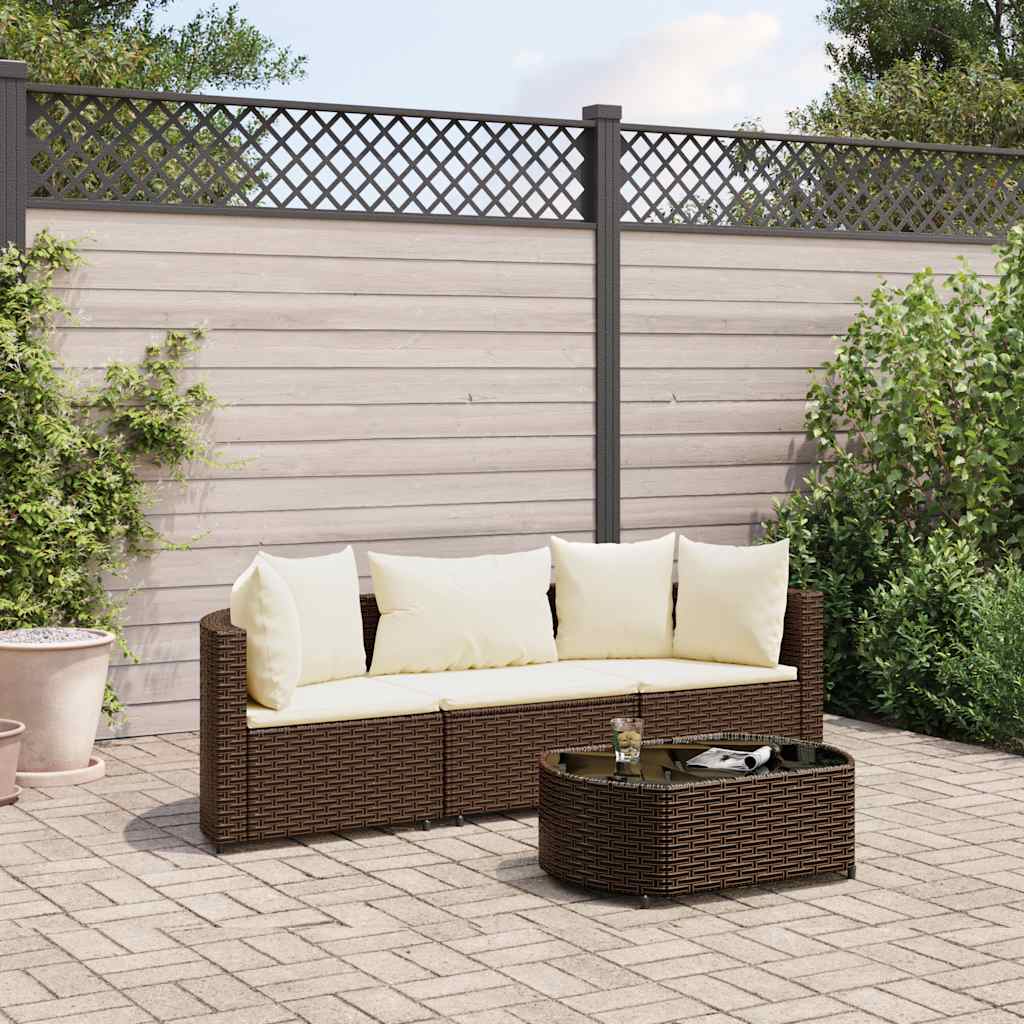 4 Pcs conjunto sofás de jardim c/ almofadões vime PE castanho