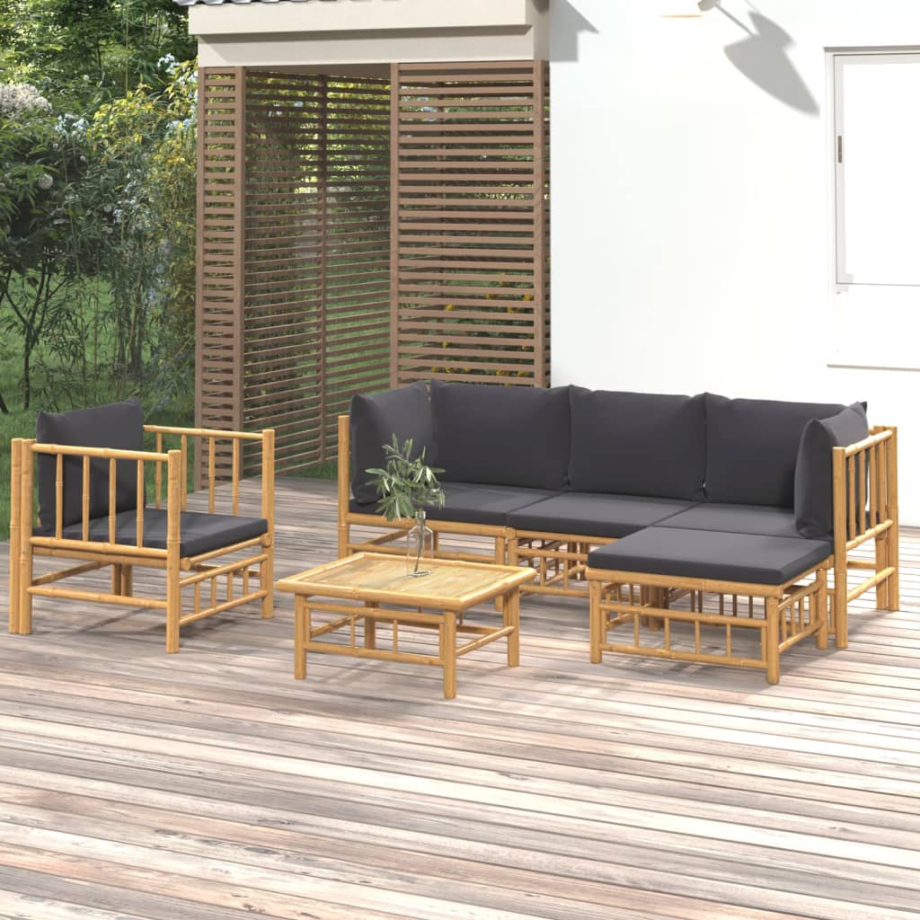 6 Pcs conjunto lounge jardim bambu c/ almofadões cinza-escuro