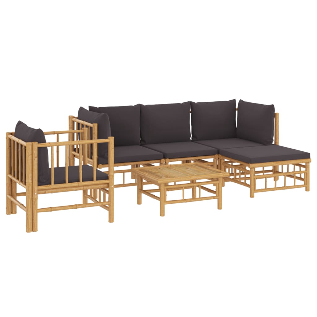 6 Pcs conjunto lounge jardim bambu c/ almofadões cinza-escuro