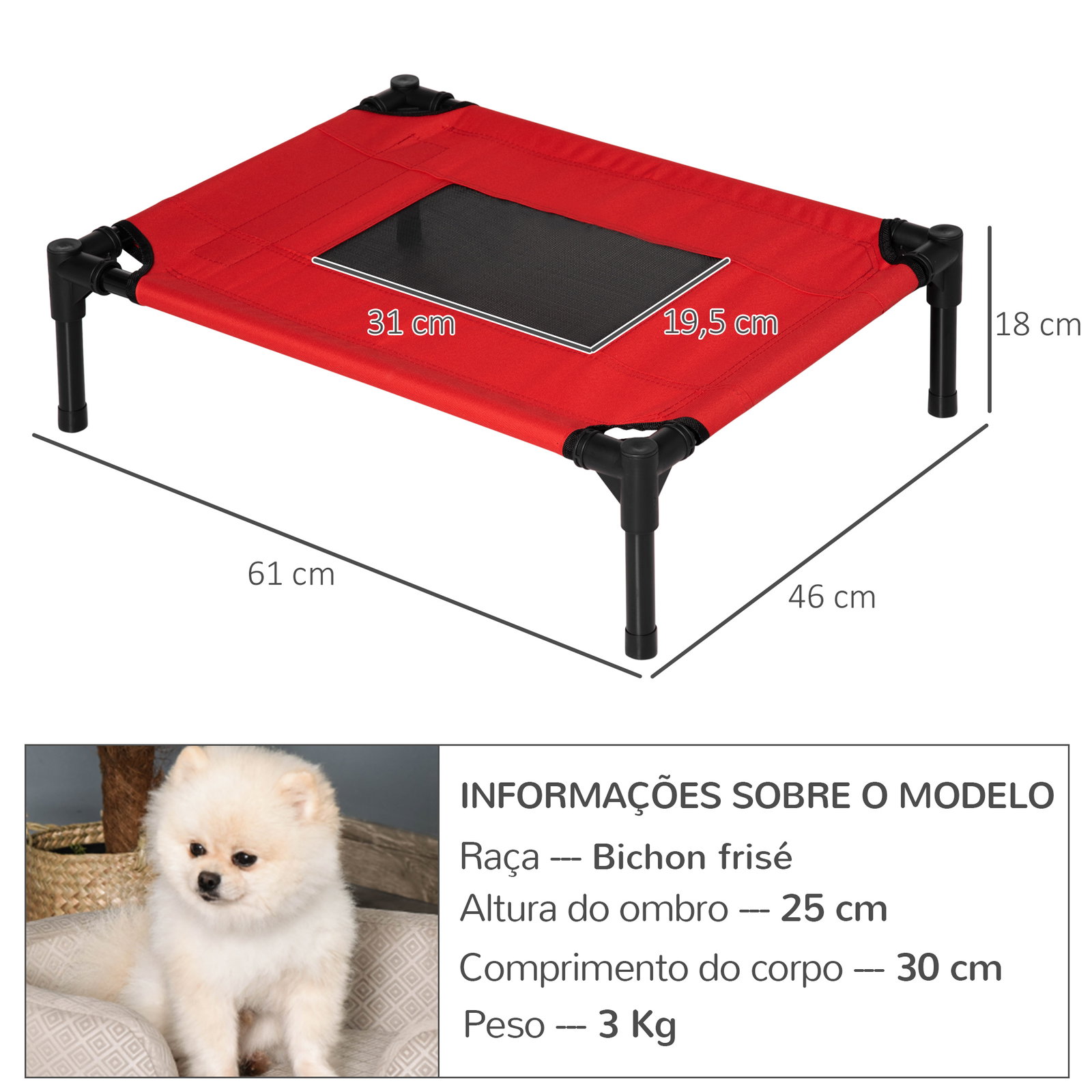 Cama para animais de estimação cama elevada para cães gatos portátil tecido transpirável para exterior interior 64x46x18cm vermelho