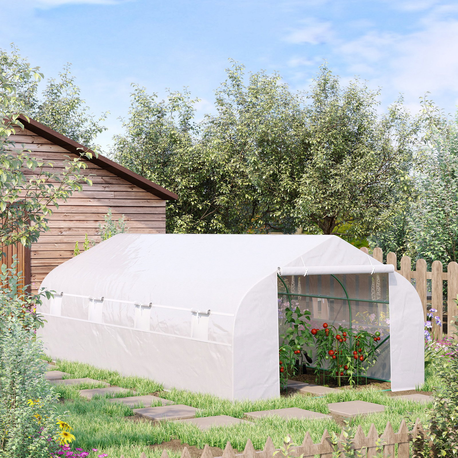 Estufa tipo túnel de jardim 600x300x200cm para cultivo de plantas verduras com 8 janelas e porta enroláveis com zíper aço branco