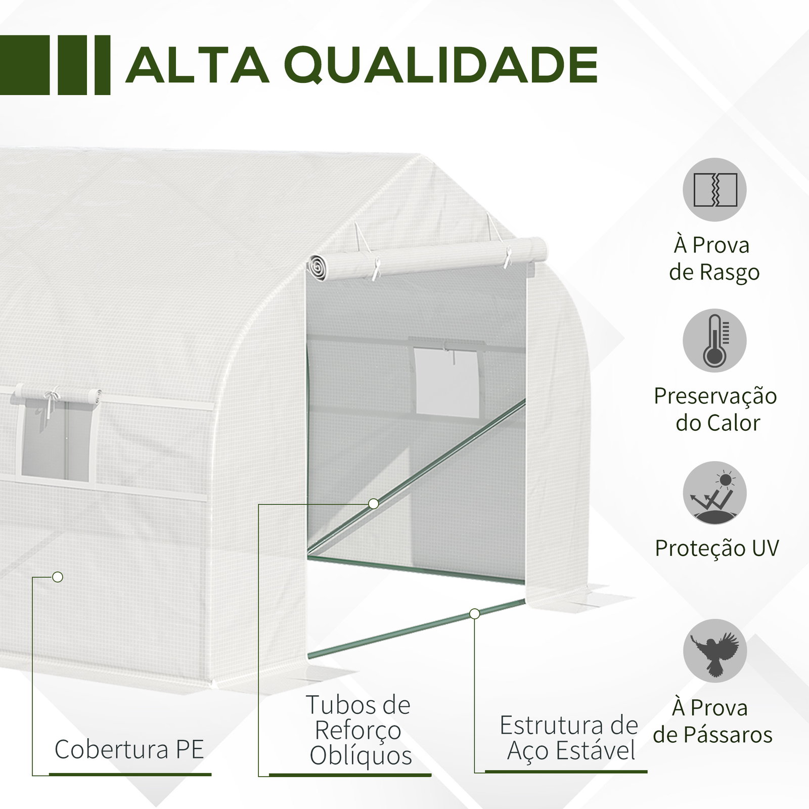 Estufa tipo túnel de jardim 600x300x200cm para cultivo de plantas verduras com 8 janelas e porta enroláveis com zíper aço branco