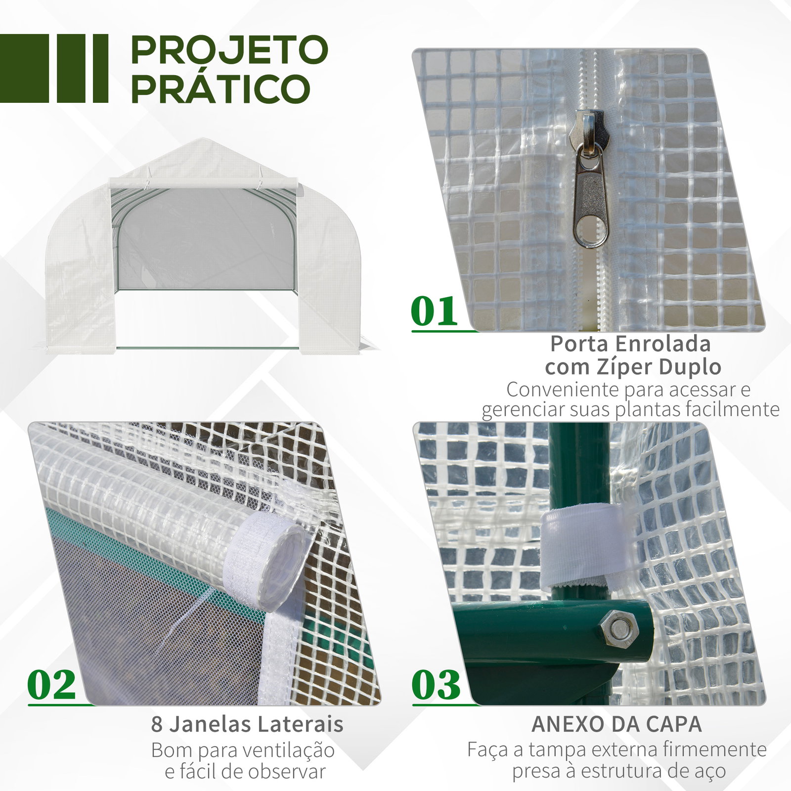 Estufa tipo túnel de jardim 600x300x200cm para cultivo de plantas verduras com 8 janelas e porta enroláveis com zíper aço branco