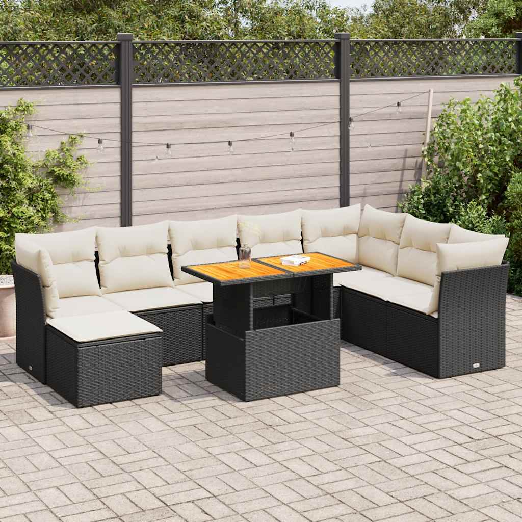 9 Pcs conjunto de sofás p/ jardim c/ almofadões vime PE preto