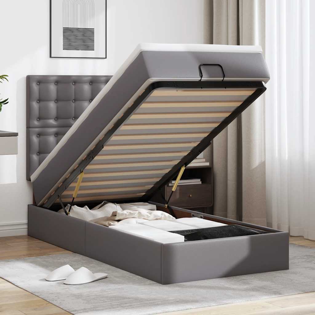 Cama otomana com colchão 90x190 cm couro artificial cinzento