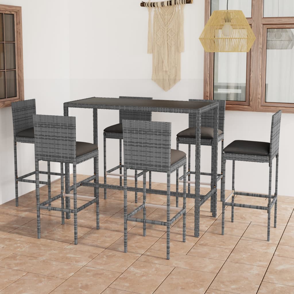 7 Pcs conjunto de bar p/ jardim c/ almofadões vime PE cinzento