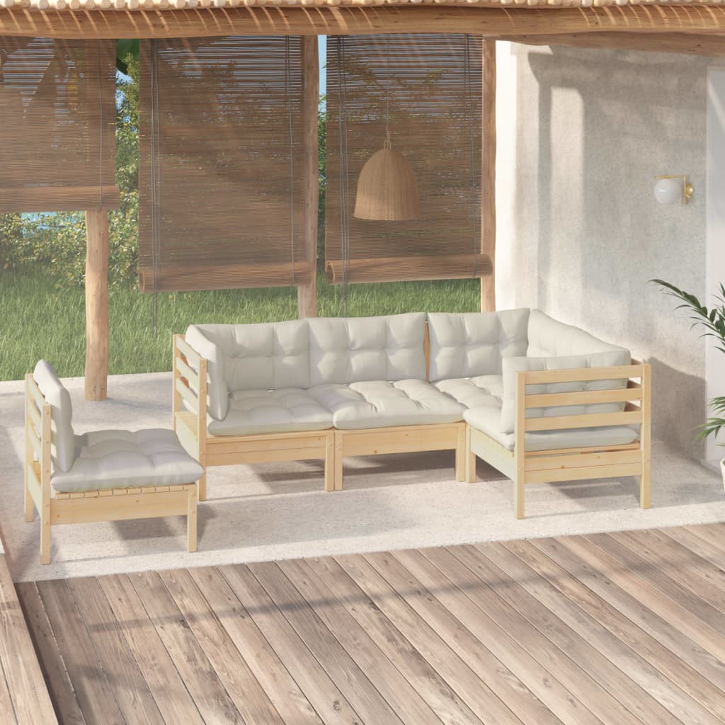 5 Pcs conjunto lounge de jardim c/ almofadões cor creme pinho