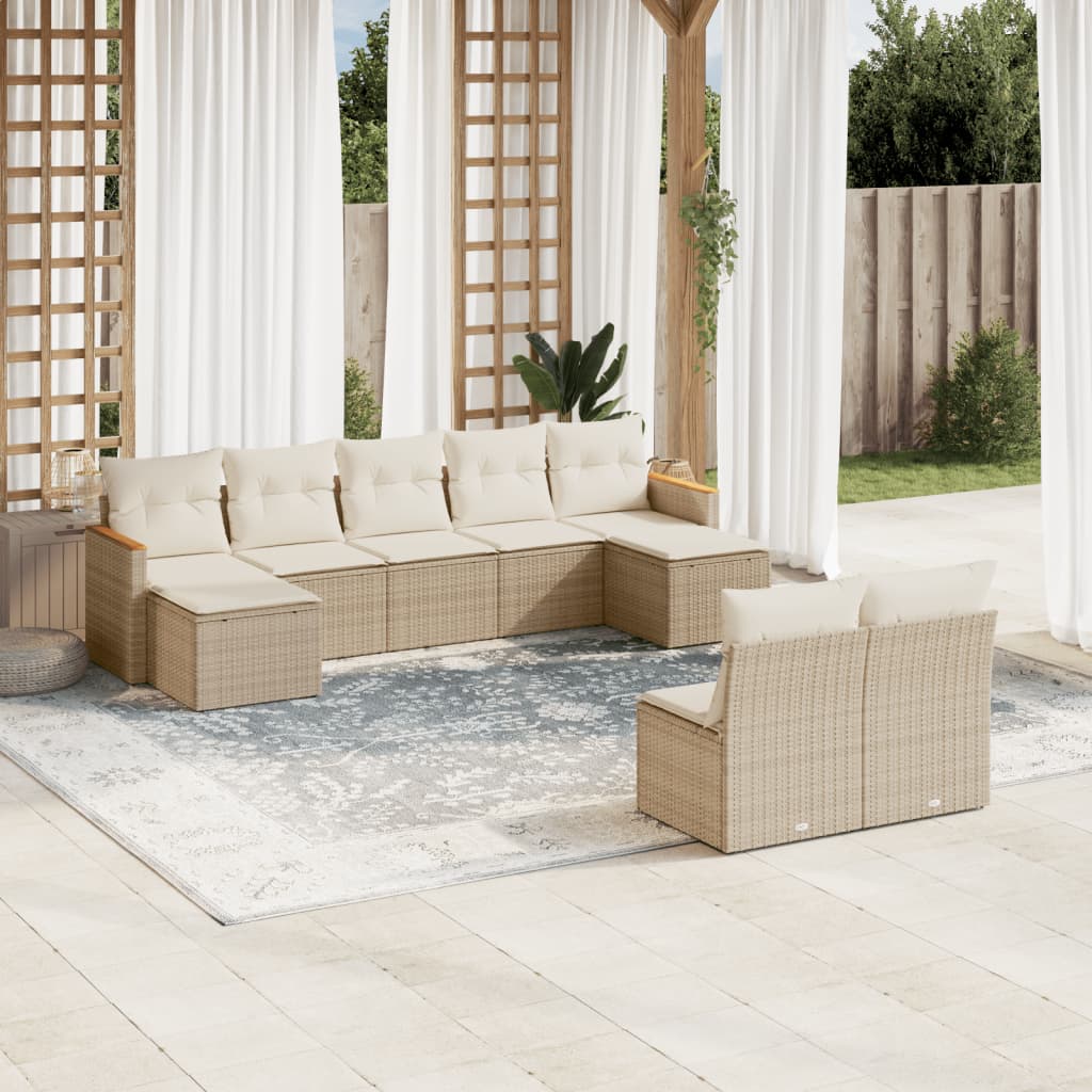 9 Pcs conjunto de sofás p/ jardim com almofadões vime PE bege