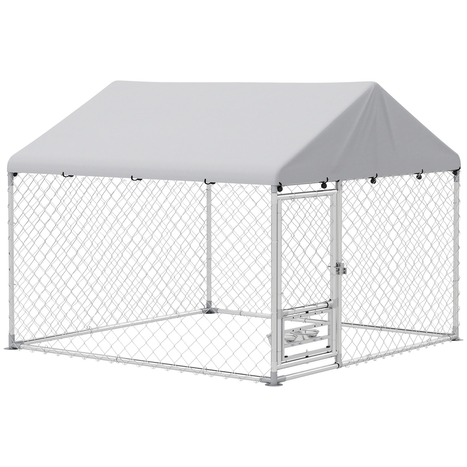 Canil exterior com toldo 2x2x1,54 m gaiola para cães em aço galvanizado com suporte para comida giratório e ajustável prata