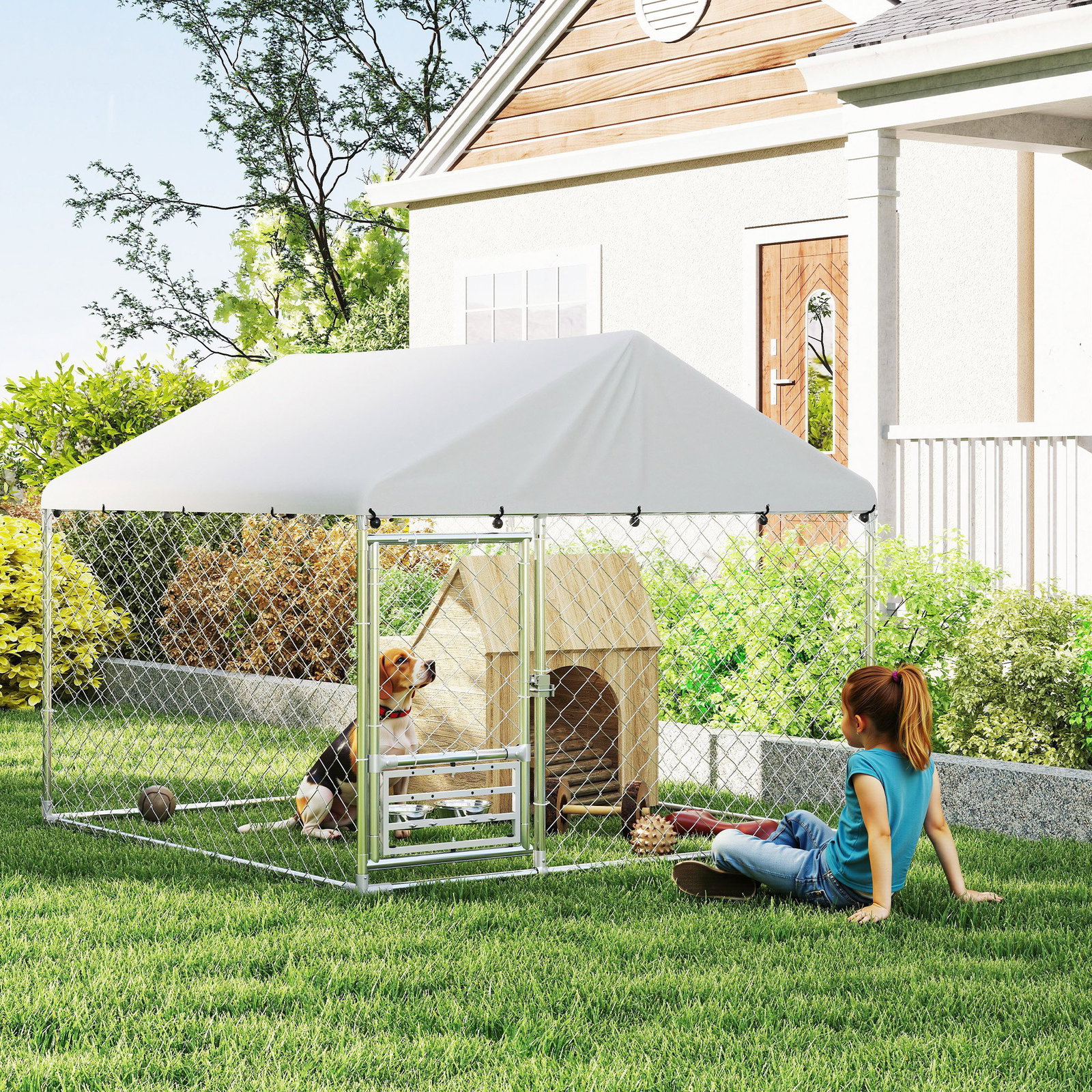 Canil exterior com toldo 2x2x1,54 m gaiola para cães em aço galvanizado com suporte para comida giratório e ajustável prata