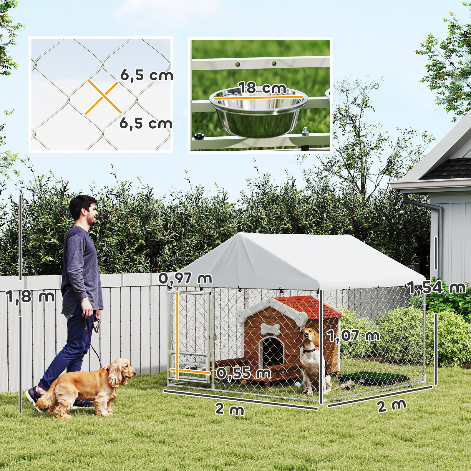 Canil exterior com toldo 2x2x1,54 m gaiola para cães em aço galvanizado com suporte para comida giratório e ajustável prata