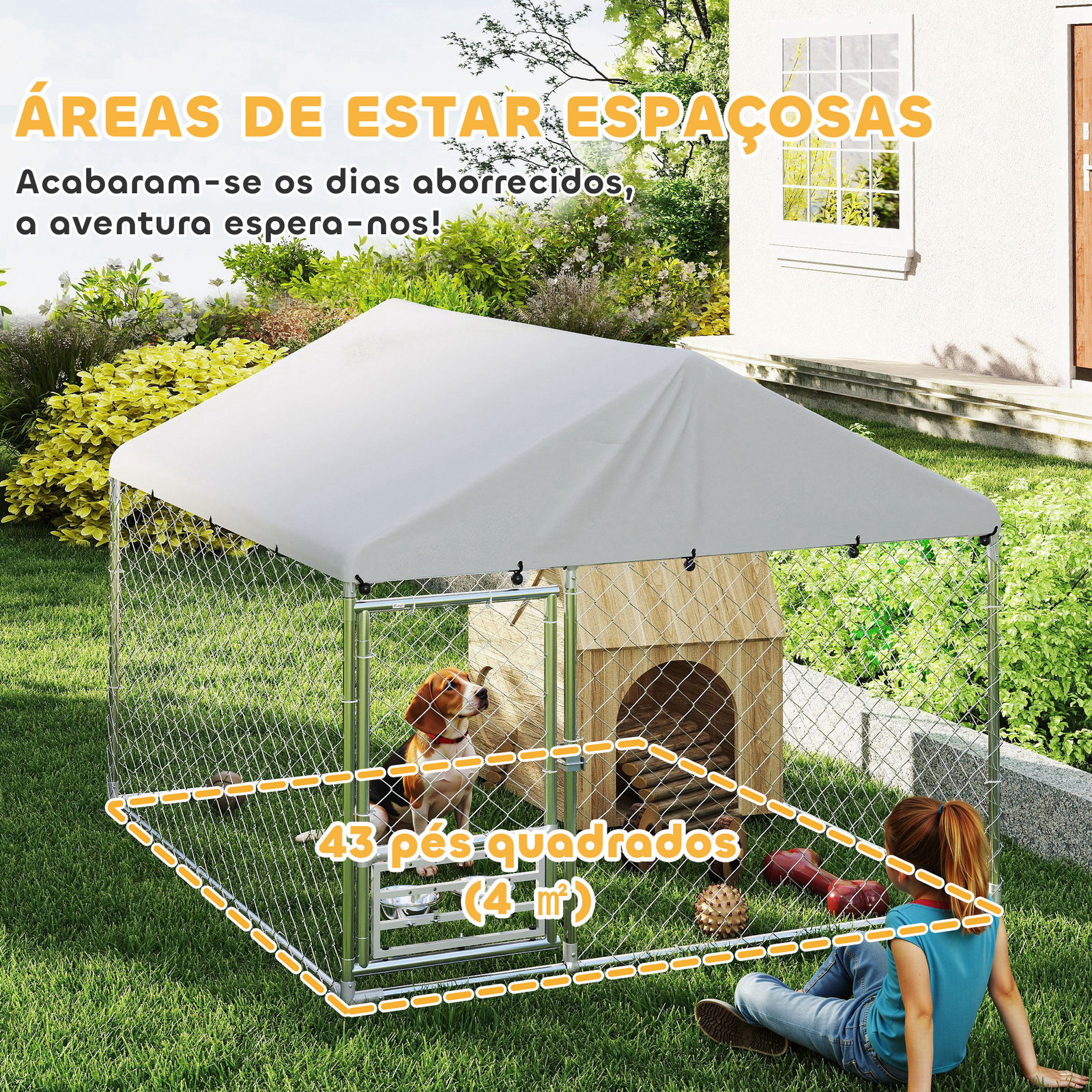 Canil exterior com toldo 2x2x1,54 m gaiola para cães em aço galvanizado com suporte para comida giratório e ajustável prata