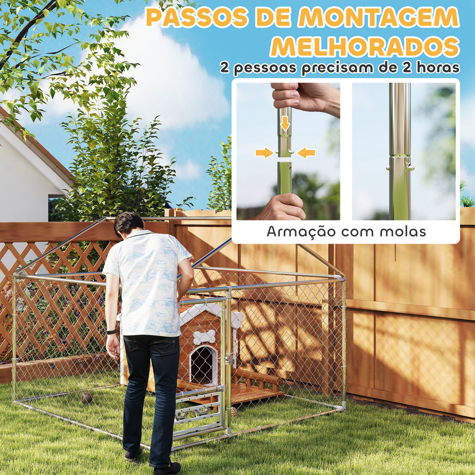 Canil exterior com toldo 2x2x1,54 m gaiola para cães em aço galvanizado com suporte para comida giratório e ajustável prata