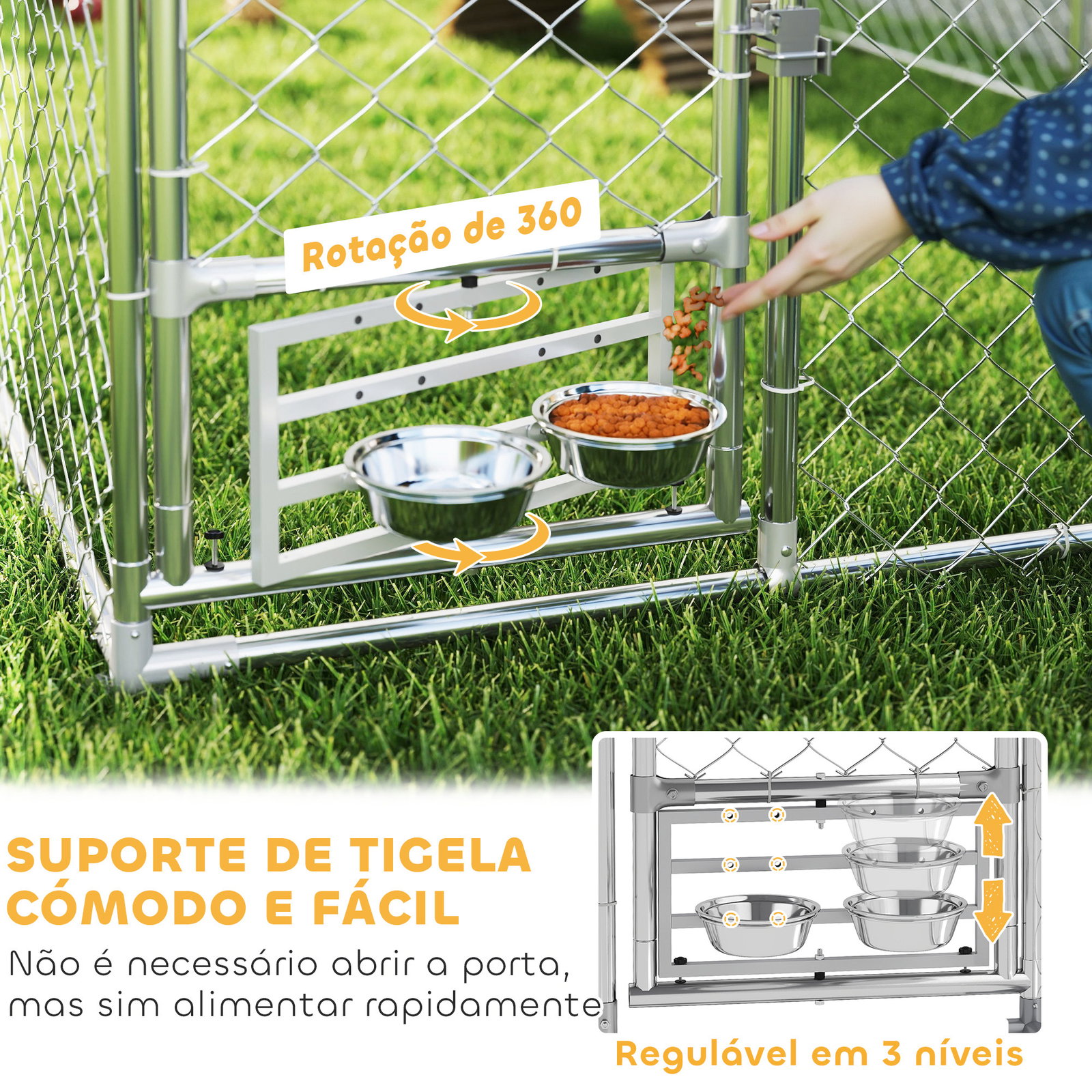 Canil exterior com toldo 2x2x1,54 m gaiola para cães em aço galvanizado com suporte para comida giratório e ajustável prata